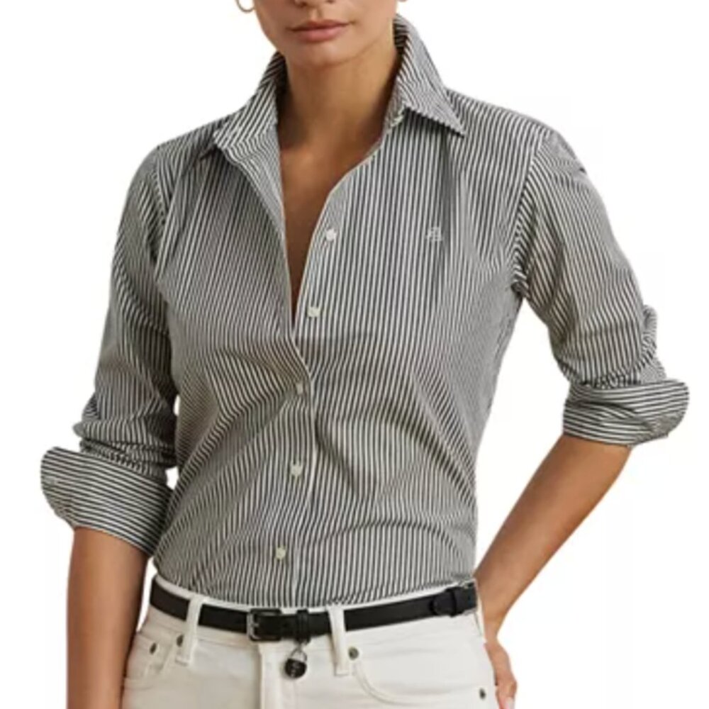 Gray and White Striped Lauren Ralph Lauren Easy Care Button Down Shirt - Size L